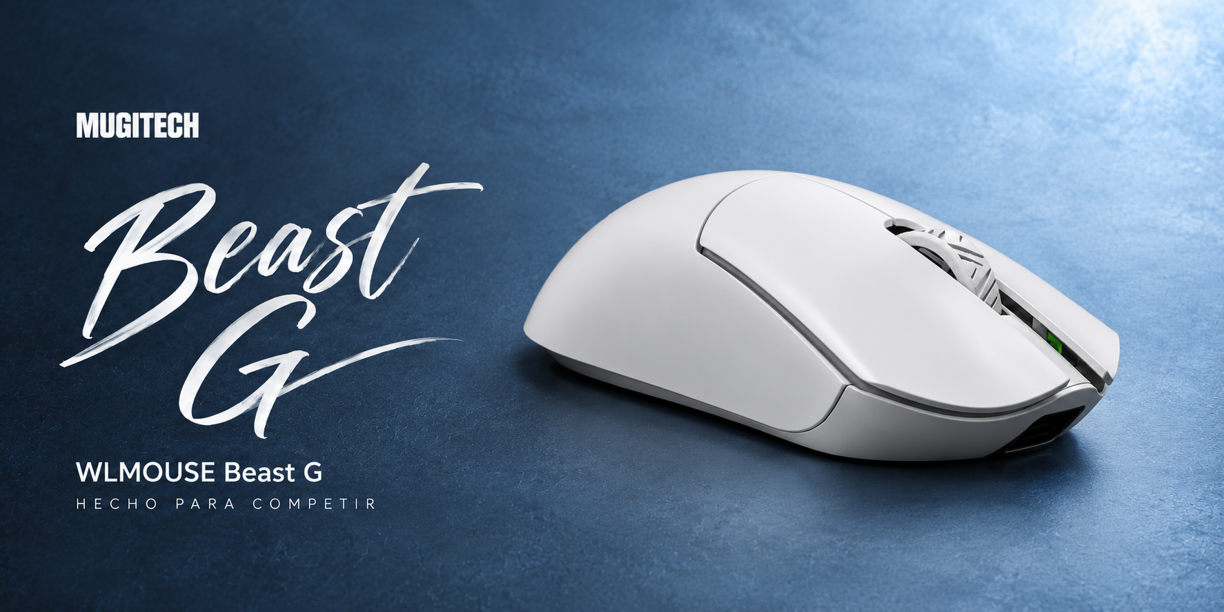 MugiTech — WLmouse Beast G blanco sobre fondo azul.