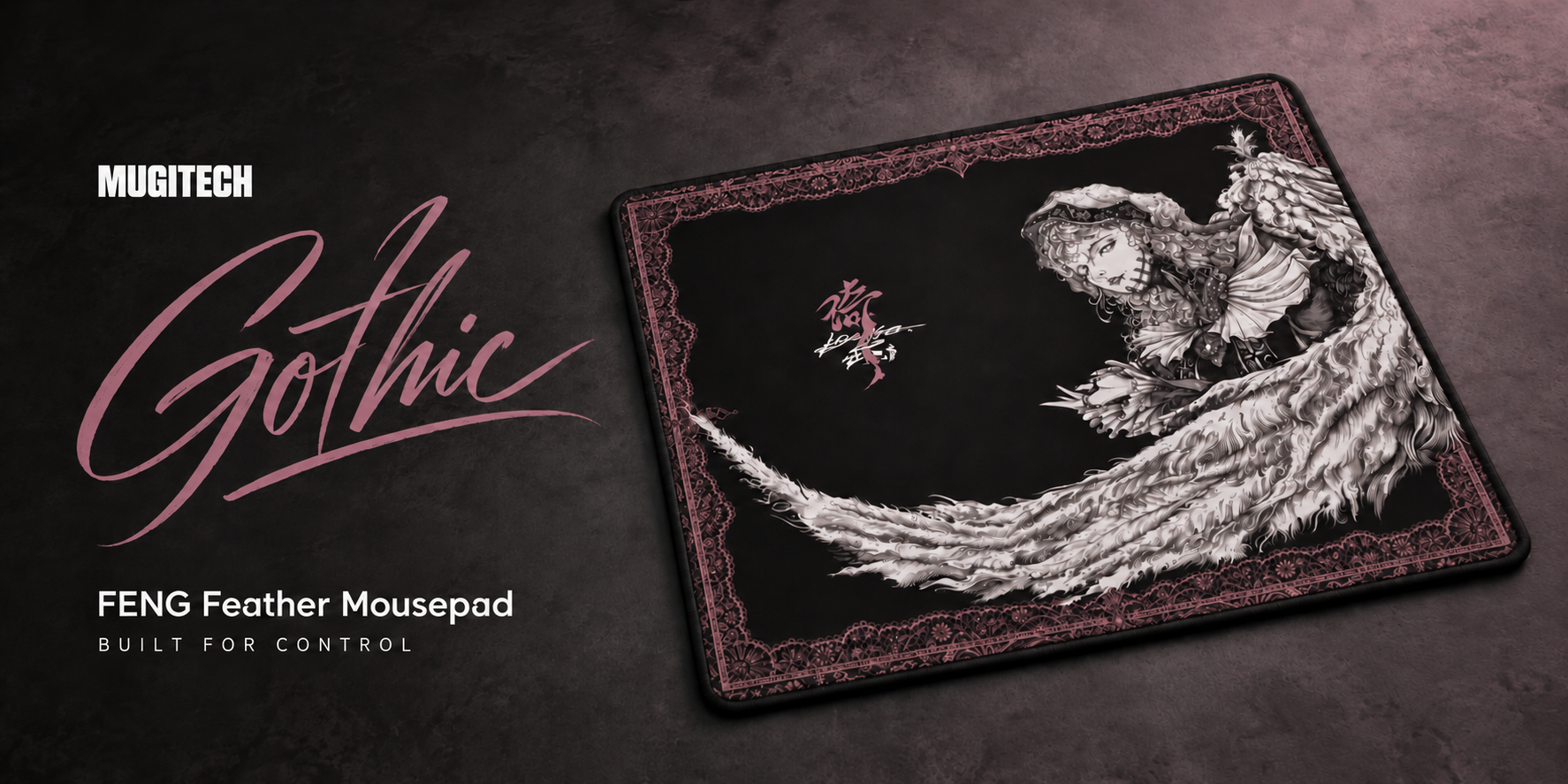 MugiTech — FENG Feather Gothic, mousepad negro con detalles rosas. Built for Control.
