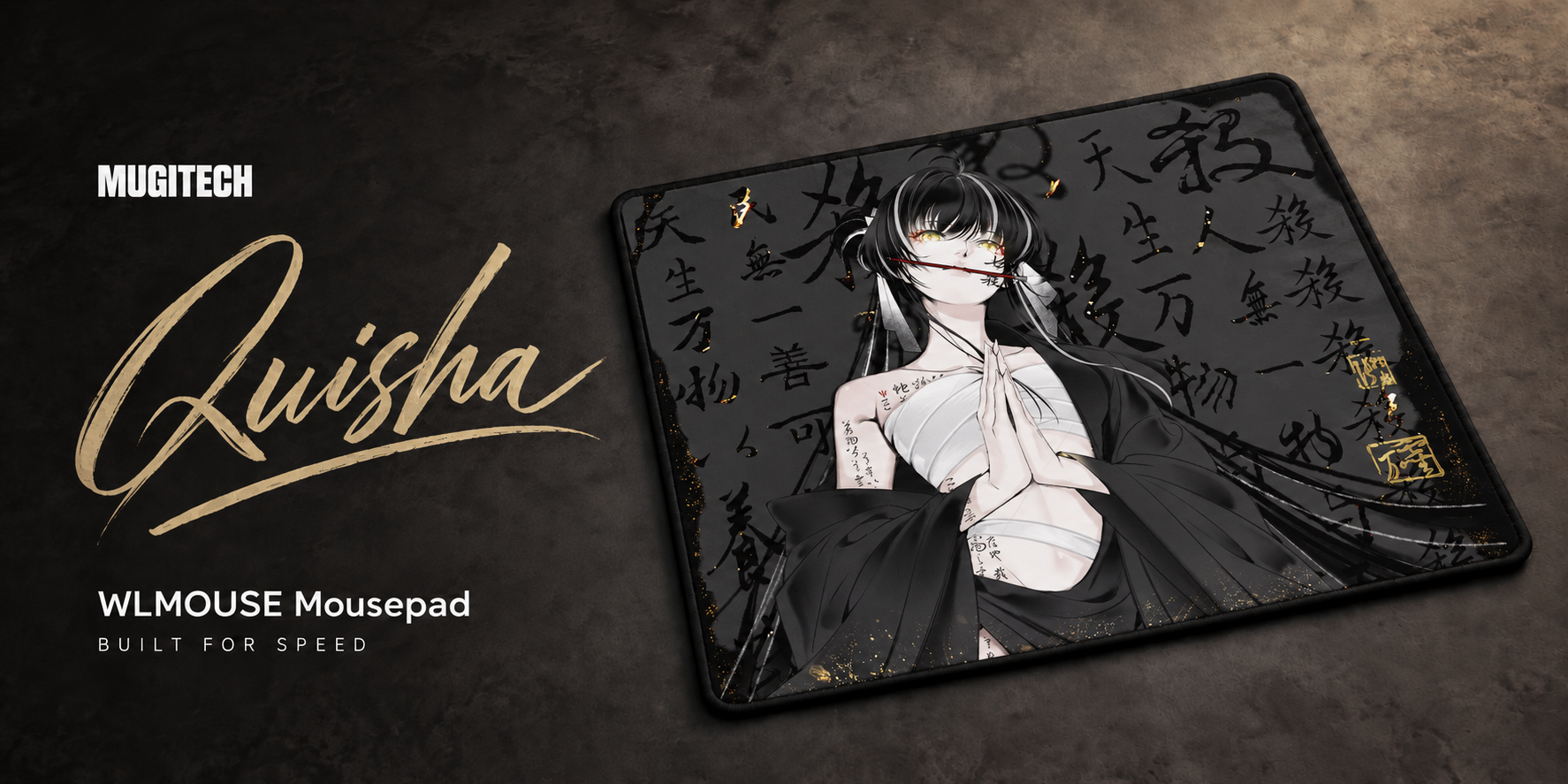 MugiTech — WLmouse Quisha, mousepad negro con detalles dorados. Built for Speed.